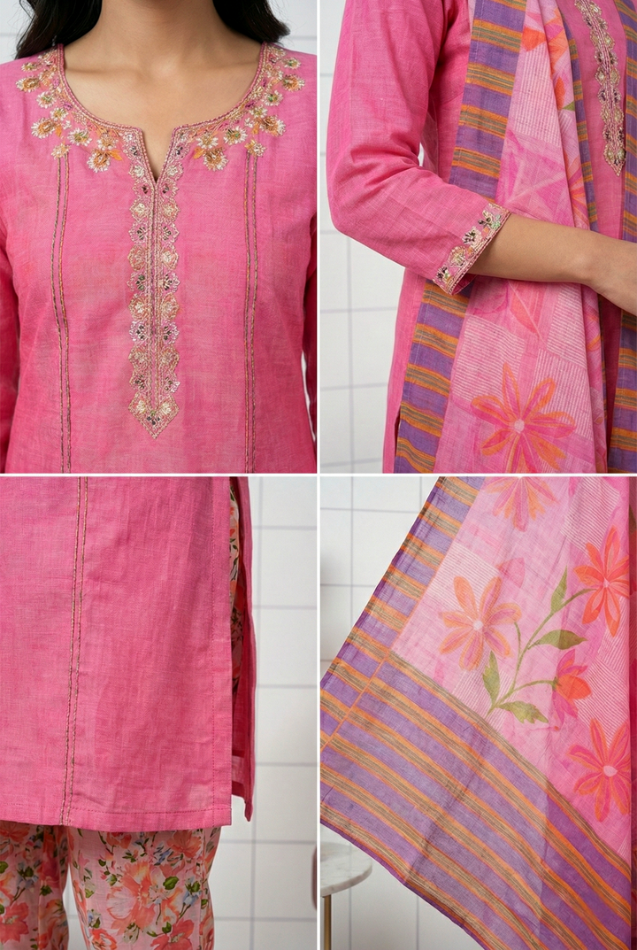 Pink Silk Printed Three Piece Set