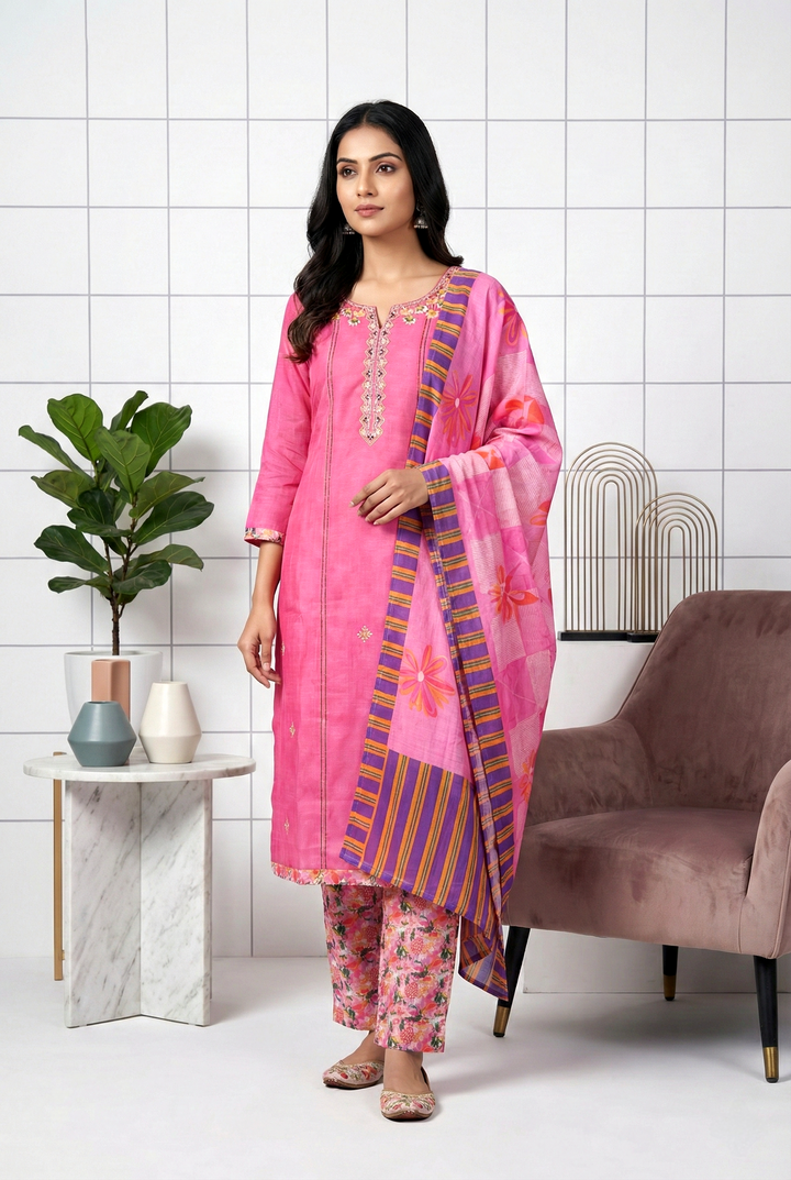 Pink Silk Printed Three Piece Set