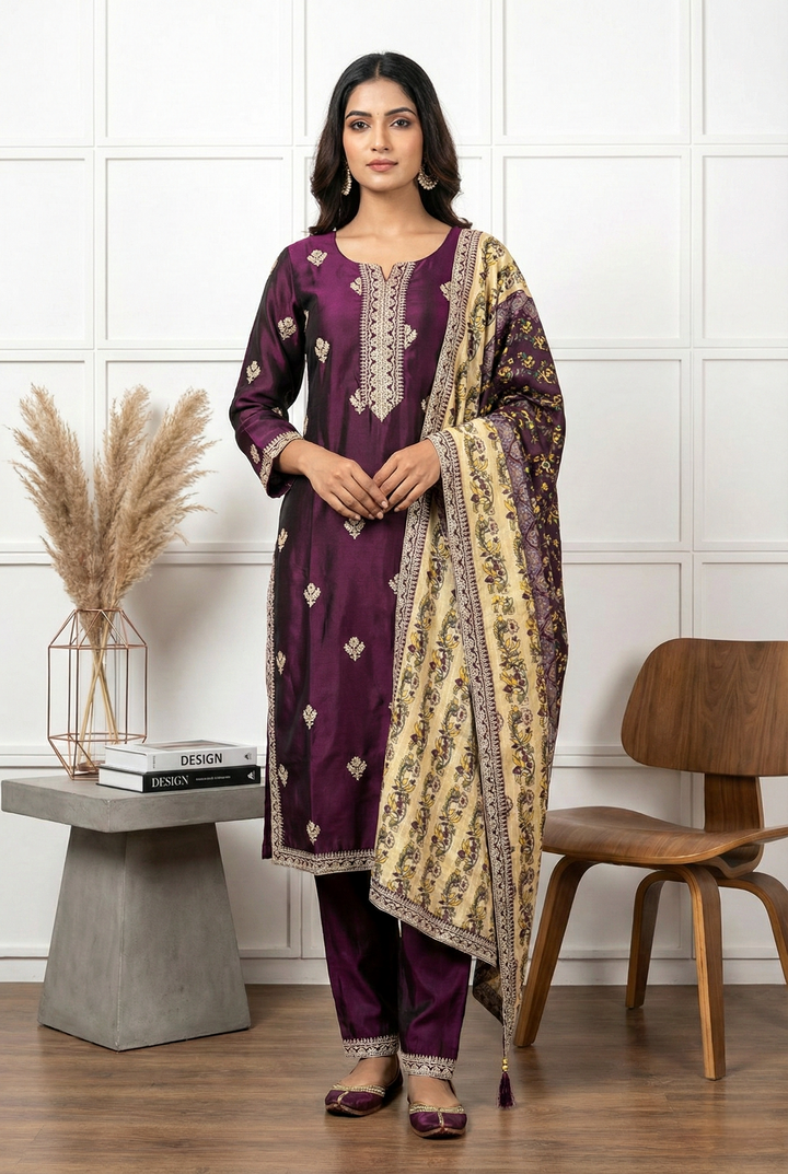 Wine Silk Printed Three Piece Set