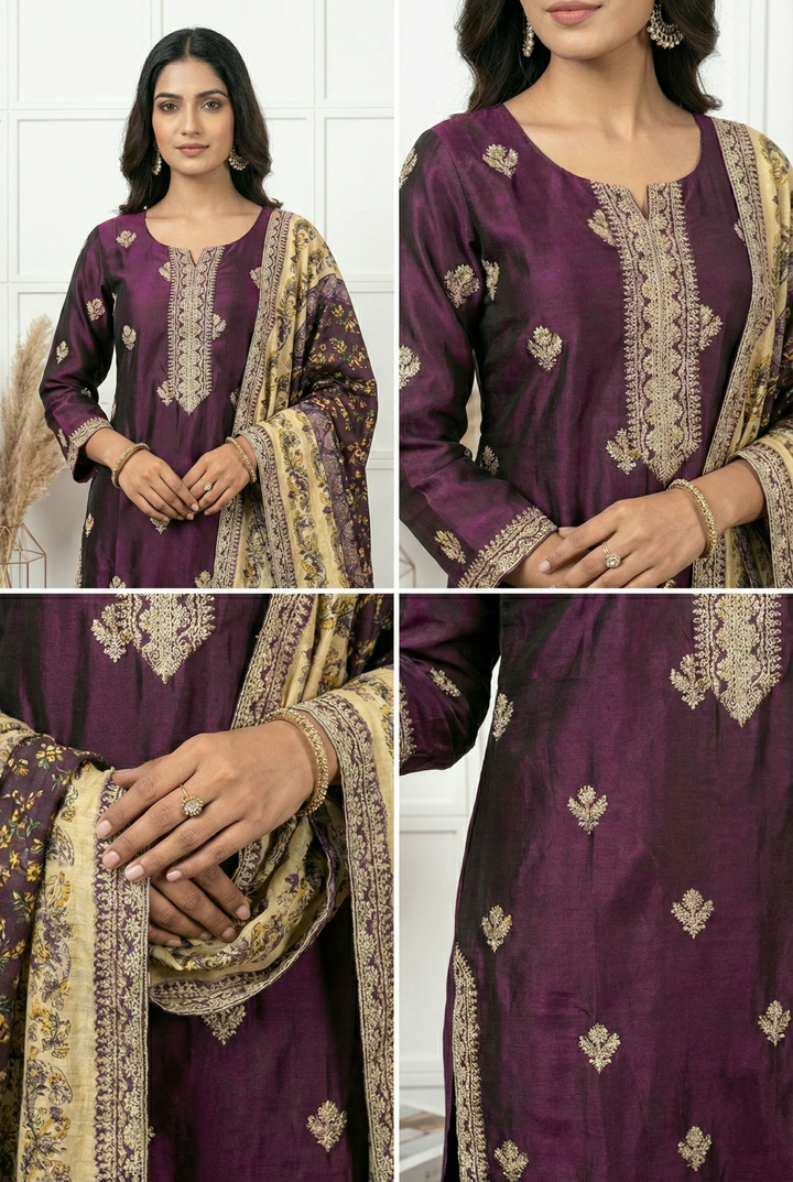 Wine Silk Printed Three Piece Set