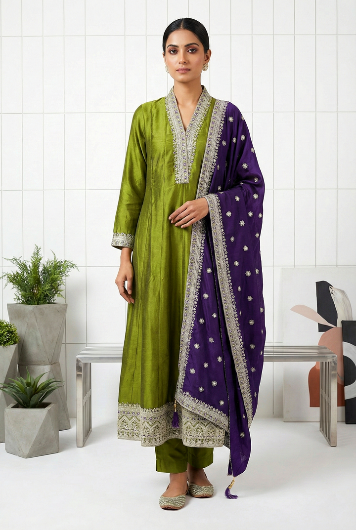 Mehadi Green Silk Hand Embroidery Three Piece Set