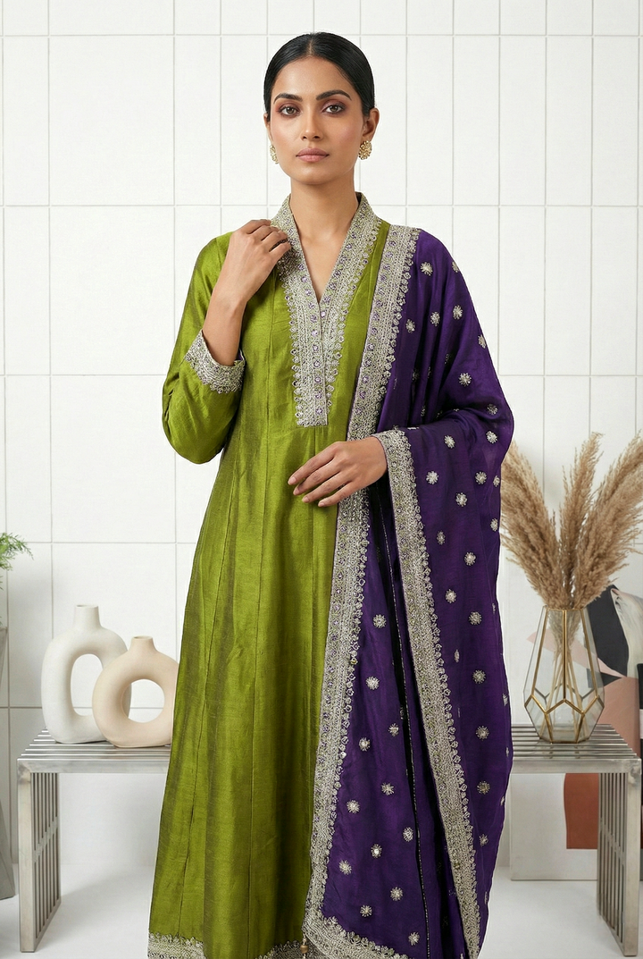 Mehadi Green Silk Hand Embroidery Three Piece Set
