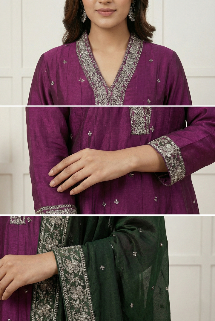 Wine Silk Printed Three Piece Set