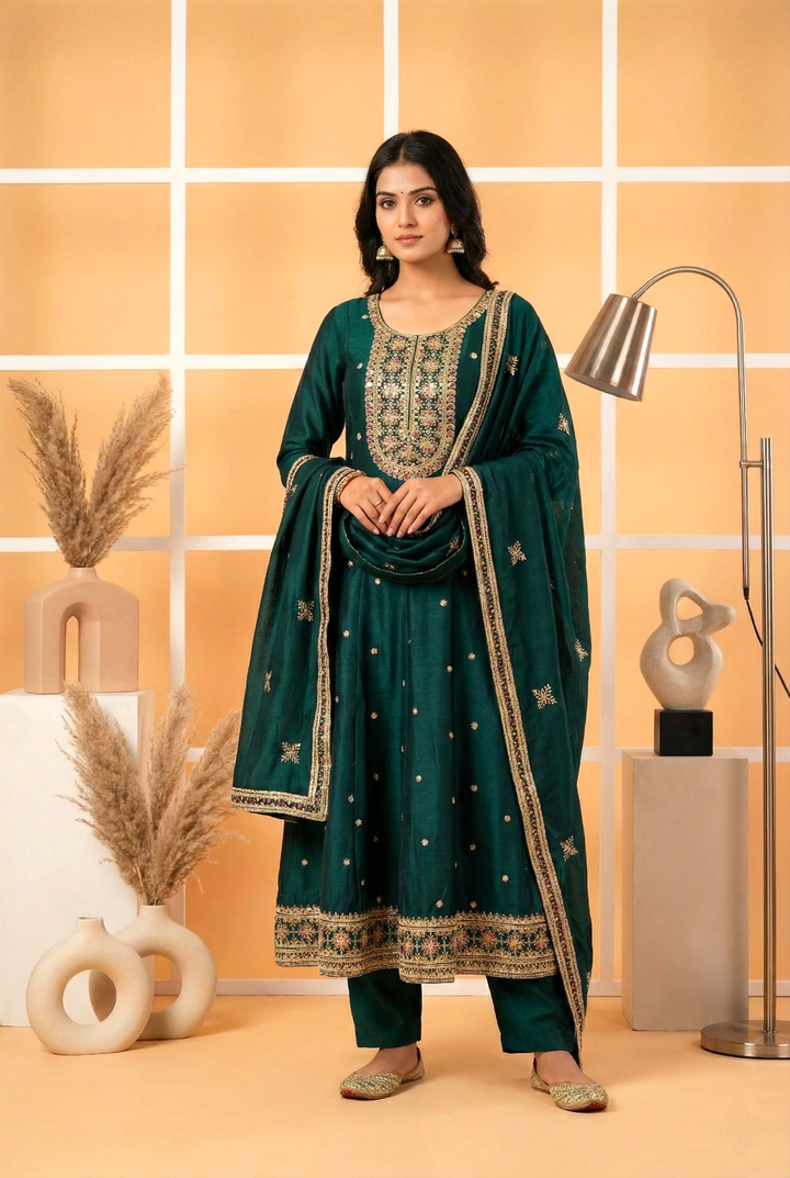 Peacock Silk Hand Embroidery Three Piece Set