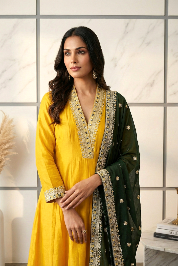 Yellow Silk Hand Embroidery Three Piece Set