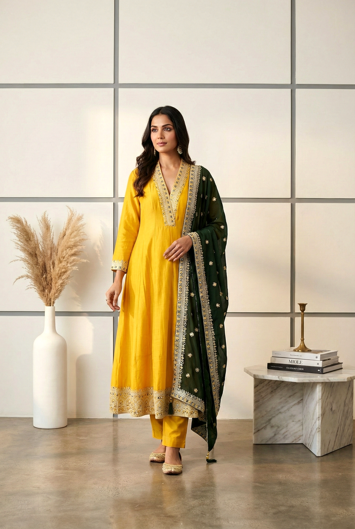 Yellow Silk Hand Embroidery Three Piece Set