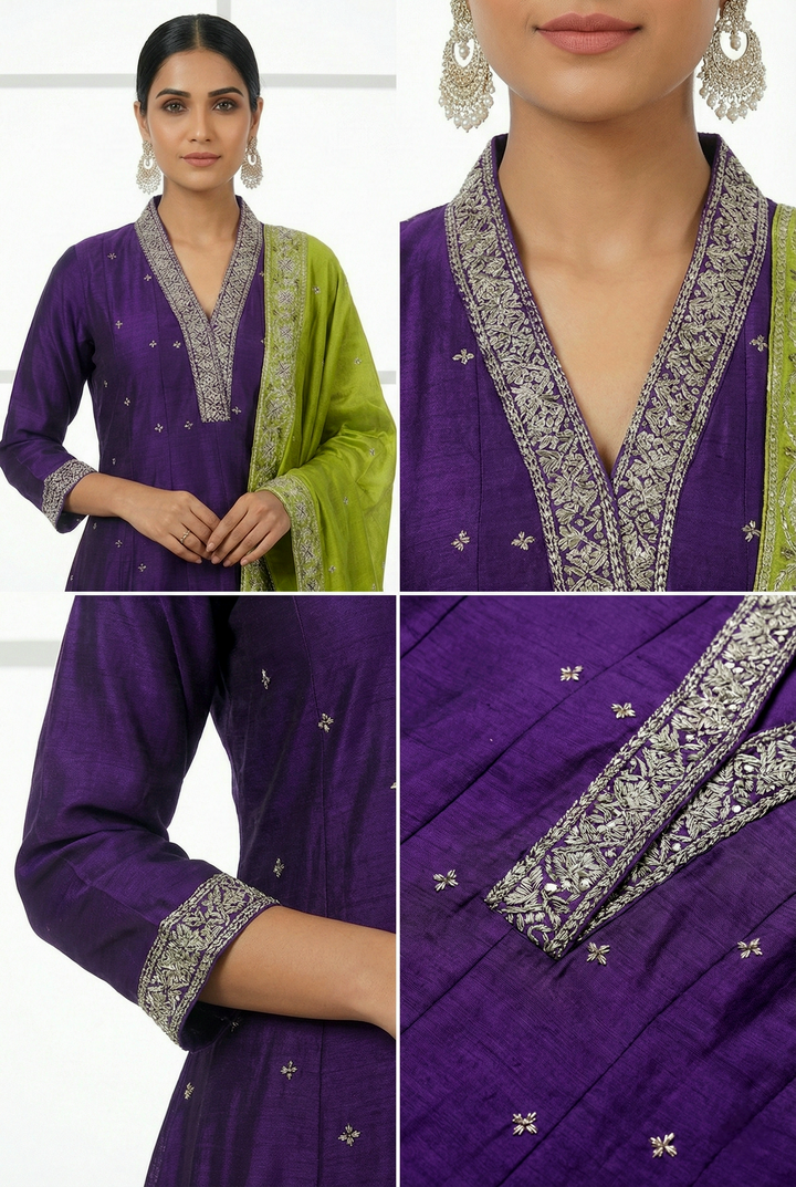 Purple Silk Printed Three Piece Set