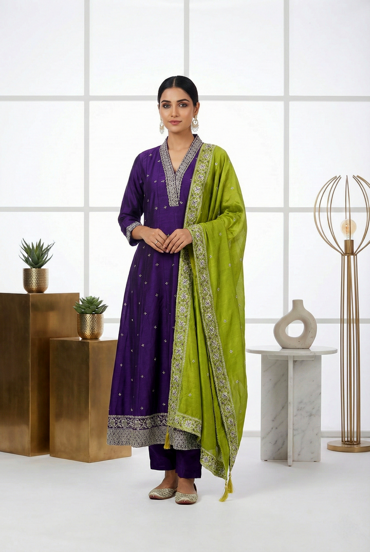 Purple Silk Printed Three Piece Set