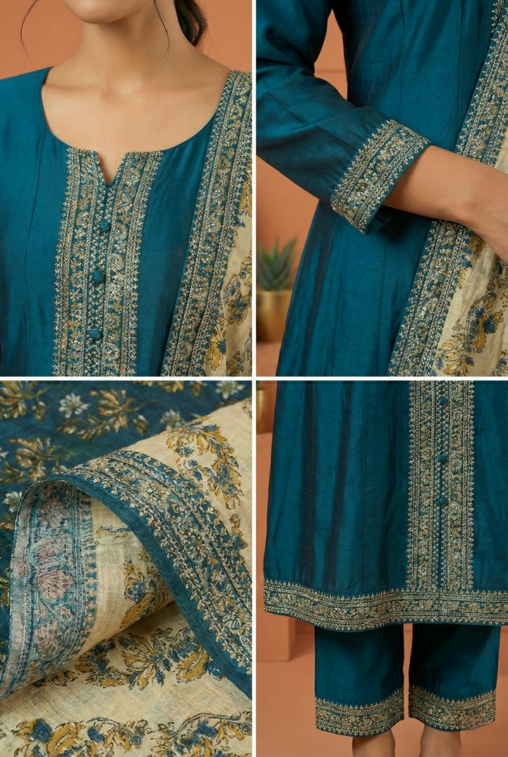 Peacock Silk Hand Embroidery Three Piece Set