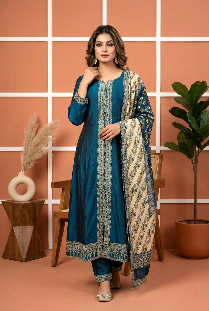 Peacock Silk Hand Embroidery Three Piece Set