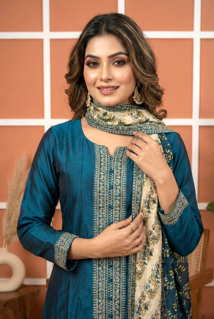 Peacock Silk Hand Embroidery Three Piece Set