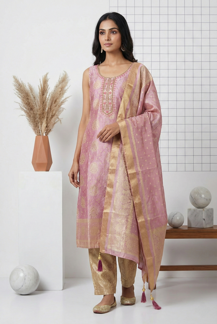 Onion Pink Tissue Printed Three Piece Set