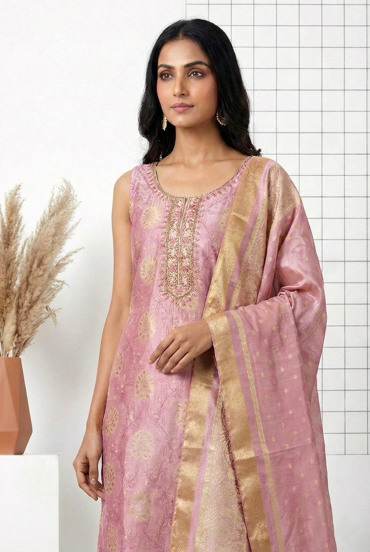 Onion Pink Tissue Printed Three Piece Set