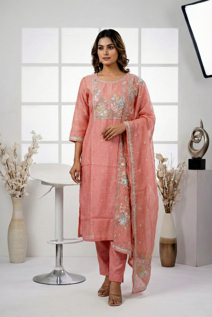 Peach Tissue Hand Embroidery Three Piece Set