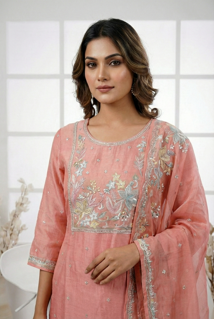 Peach Tissue Hand Embroidery Three Piece Set