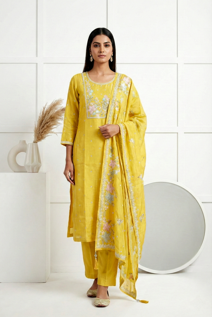 Variyali Green Tissue Hand Embroidery Three Piece Set