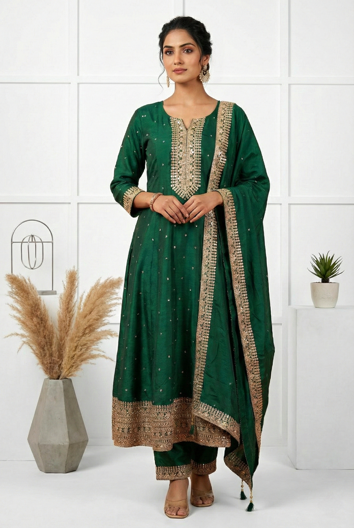 Green Silk Hand Embroidery Three Piece Set