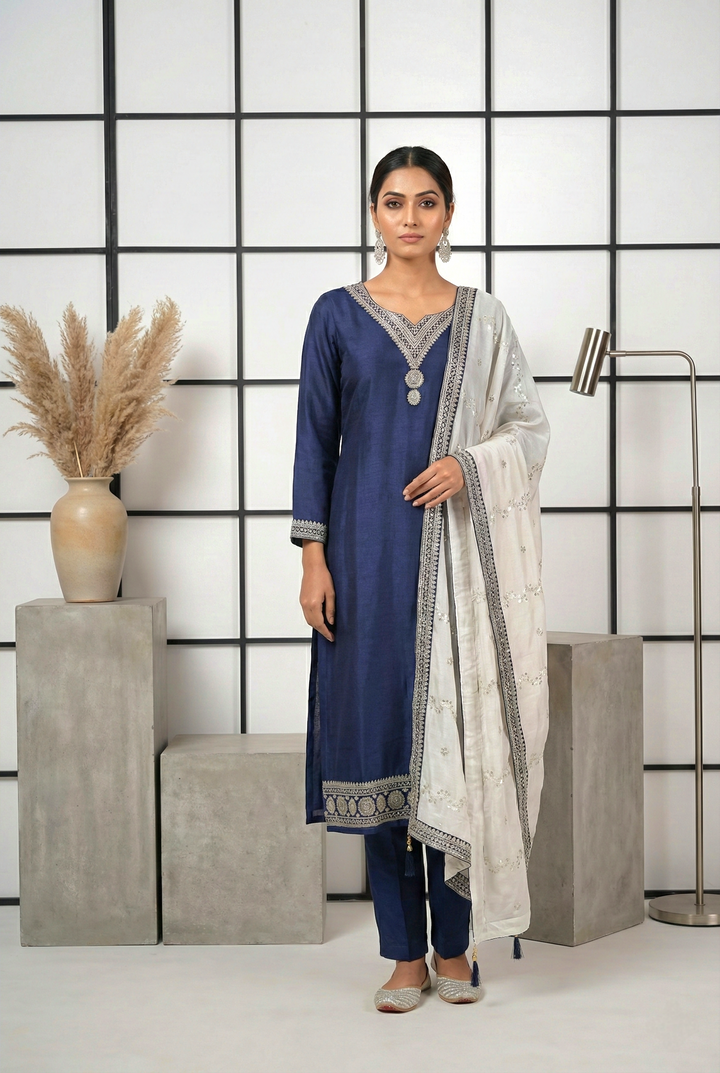 Navy Blue Silk Hand Embroidery Three Piece Set