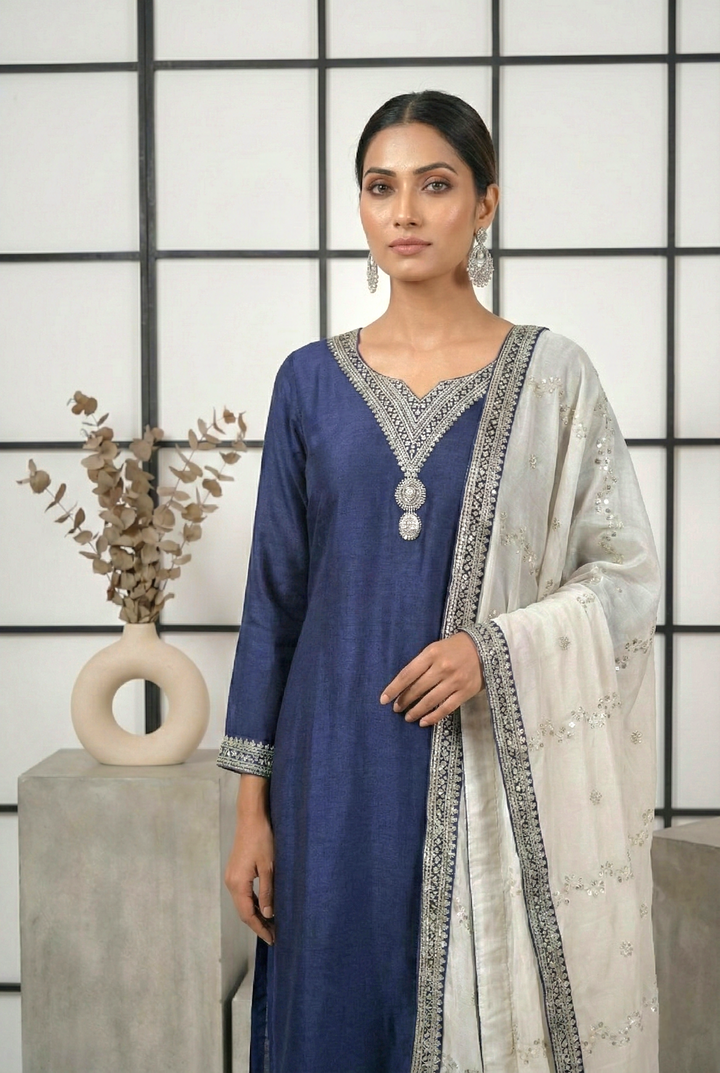 Navy Blue Silk Hand Embroidery Three Piece Set