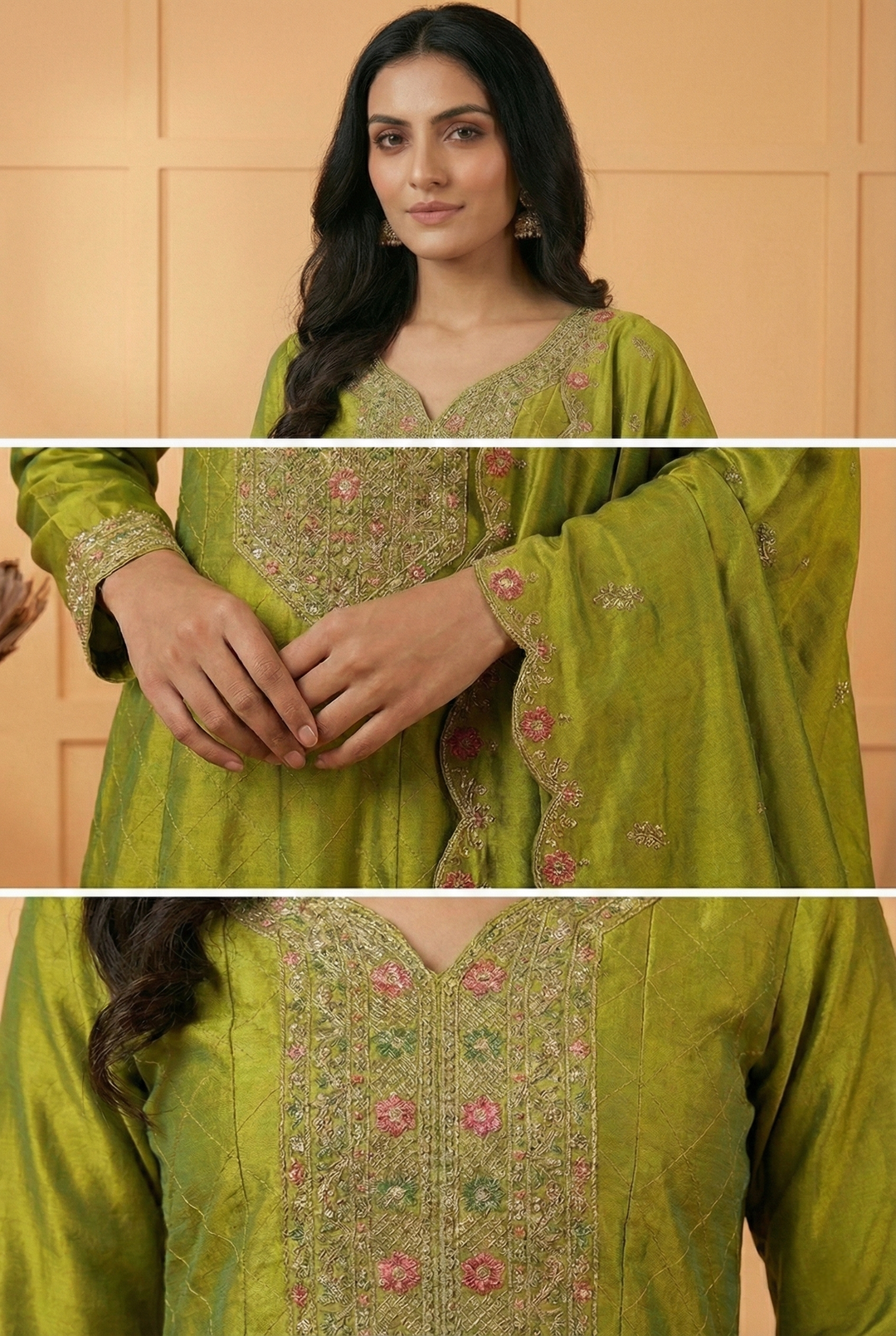 Neerus Green silk embroidered suit set - back view