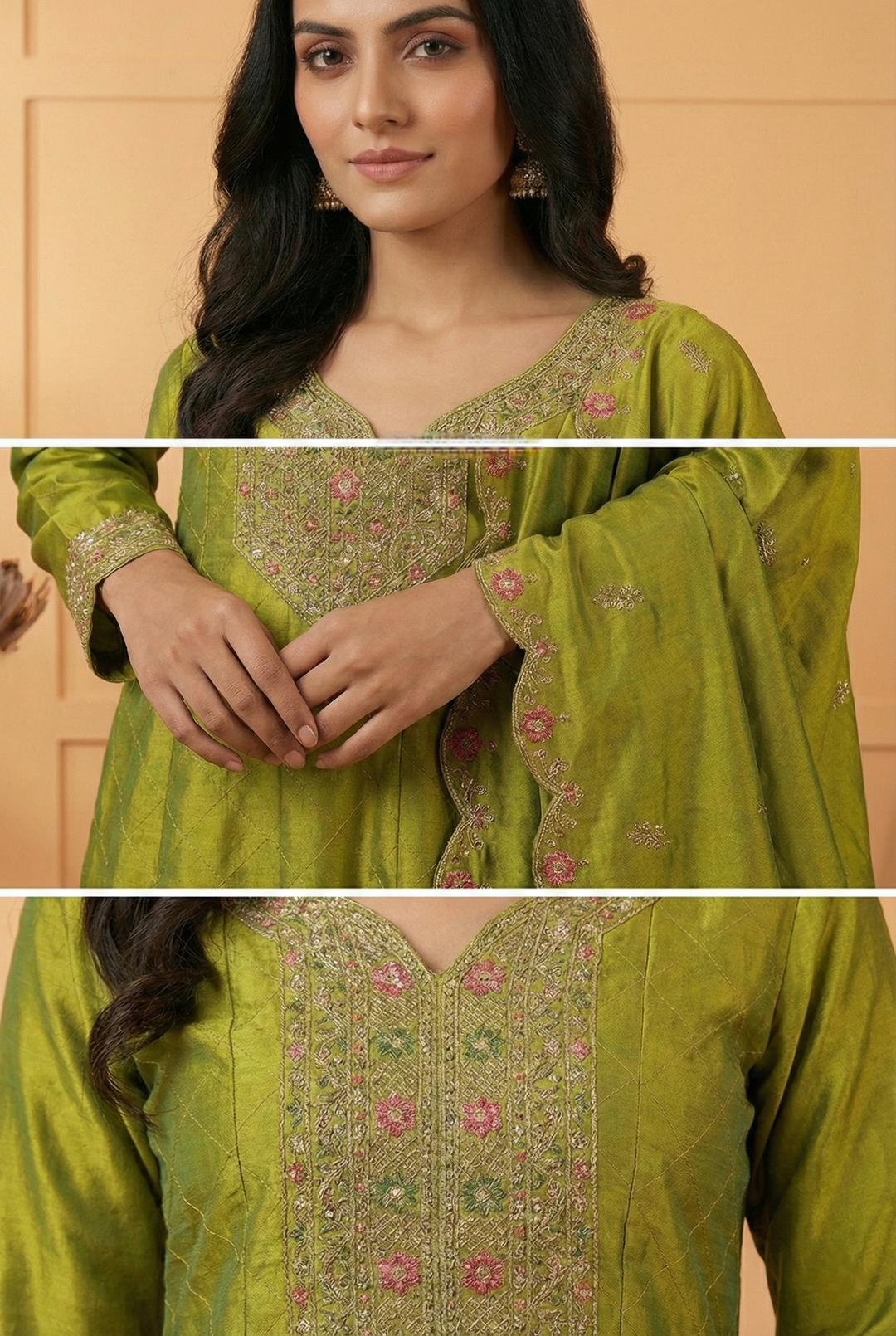 Neerus Green silk embroidered suit set - side view