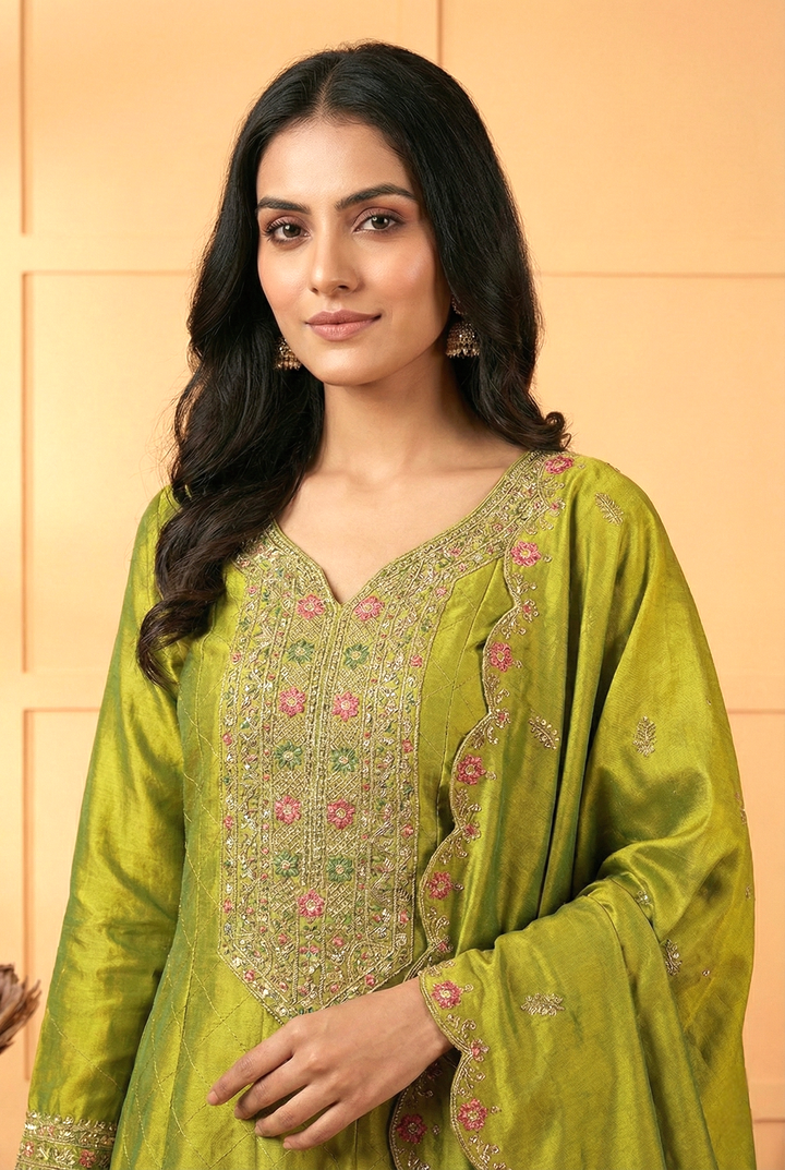 Neerus Green silk embroidered suit set - detail view 1