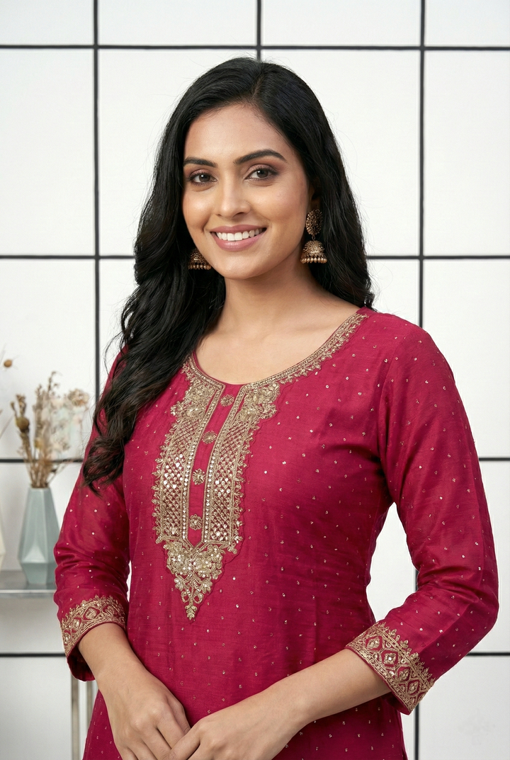 Red Silk Hand Embroidery Three Piece Set