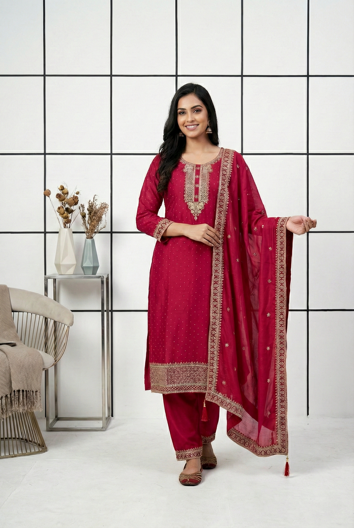 Red Silk Hand Embroidery Three Piece Set