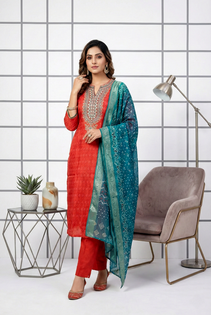 Red Silk Printed Three Piece Set