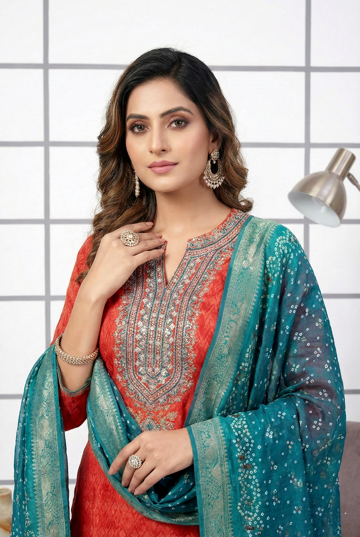 Red Silk Printed Three Piece Set