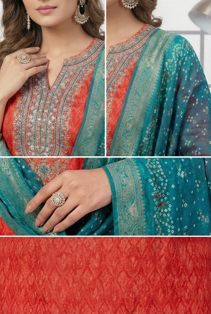 Red Silk Printed Three Piece Set