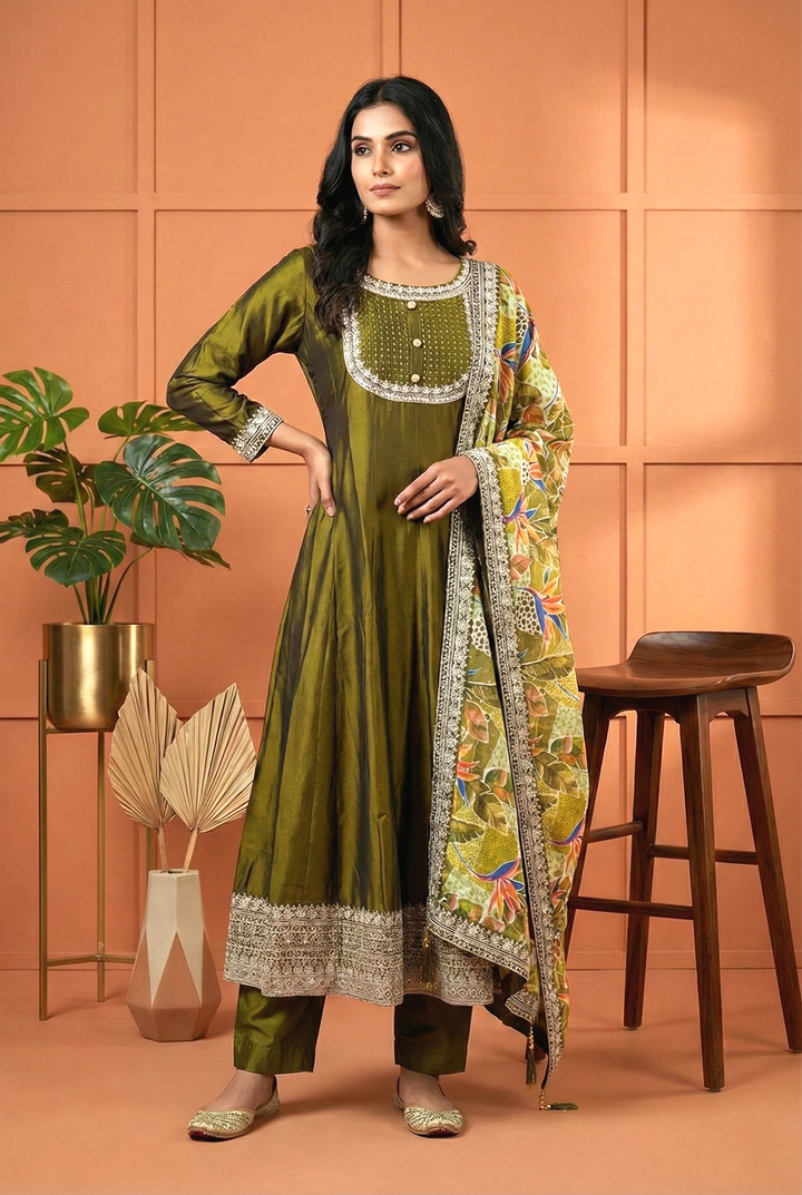 Mehadi Green Silk Hand Embroidery Three Piece Set