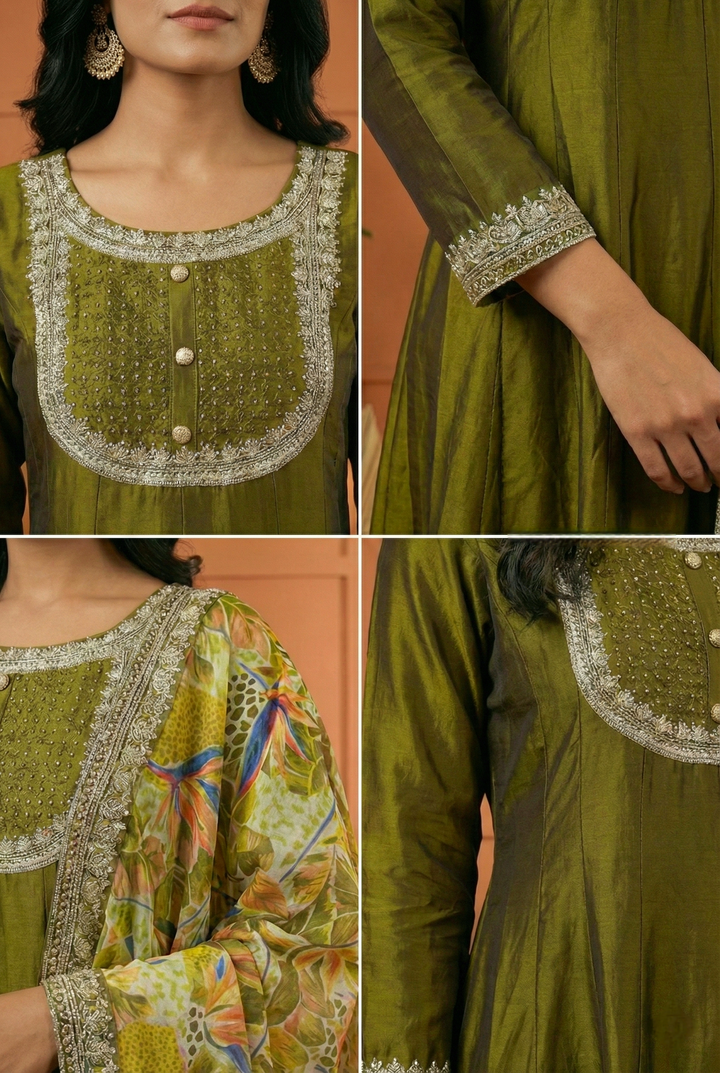 Mehadi Green Silk Hand Embroidery Three Piece Set