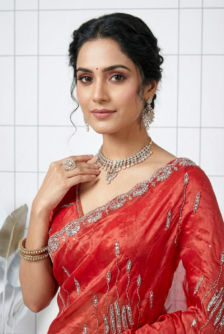 Neerus Red organza hand embroidered saree - side view