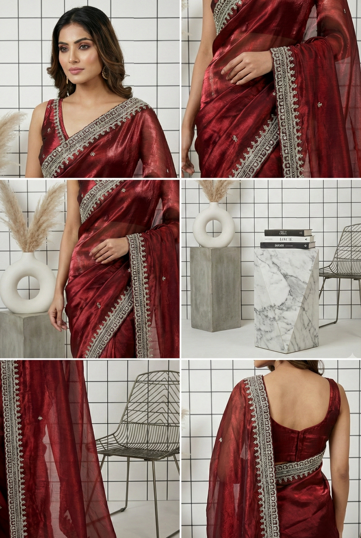 Maroon Beads Embroidered Organza Saree
