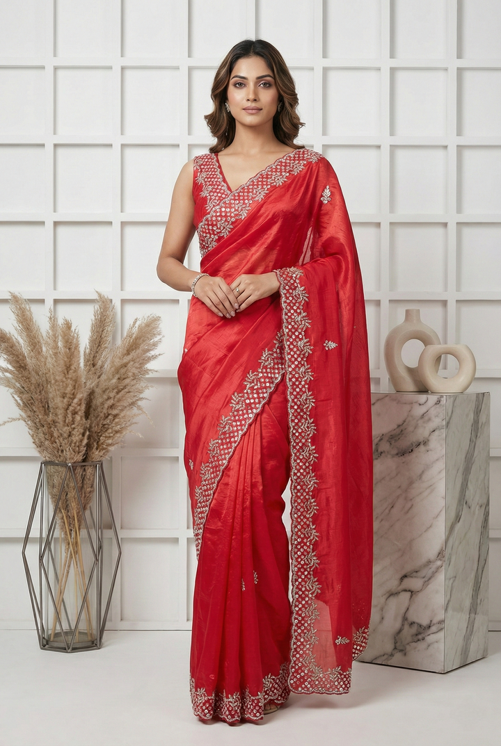 Neerus Red organza embellished floral saree - front view
