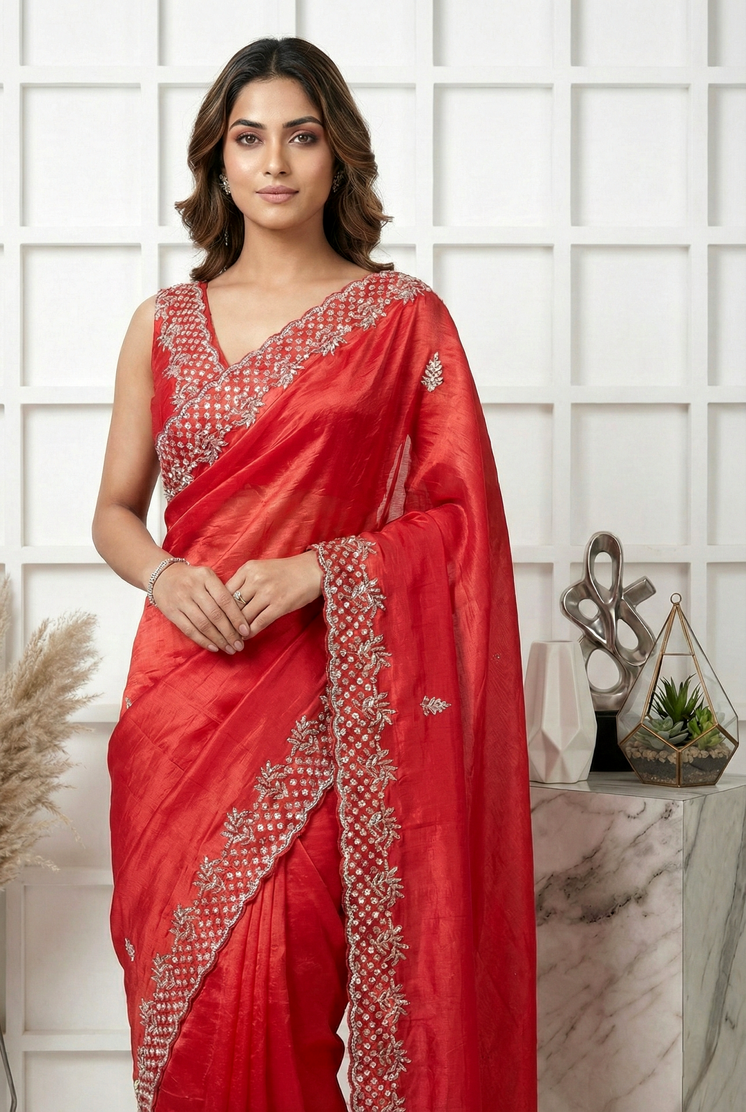 Neerus Red organza embellished floral saree - side view