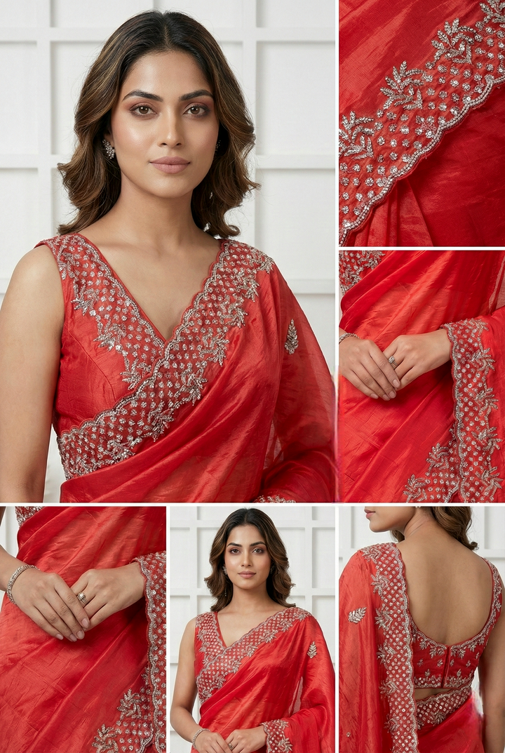 Neerus Red organza embellished floral saree - detail view 1