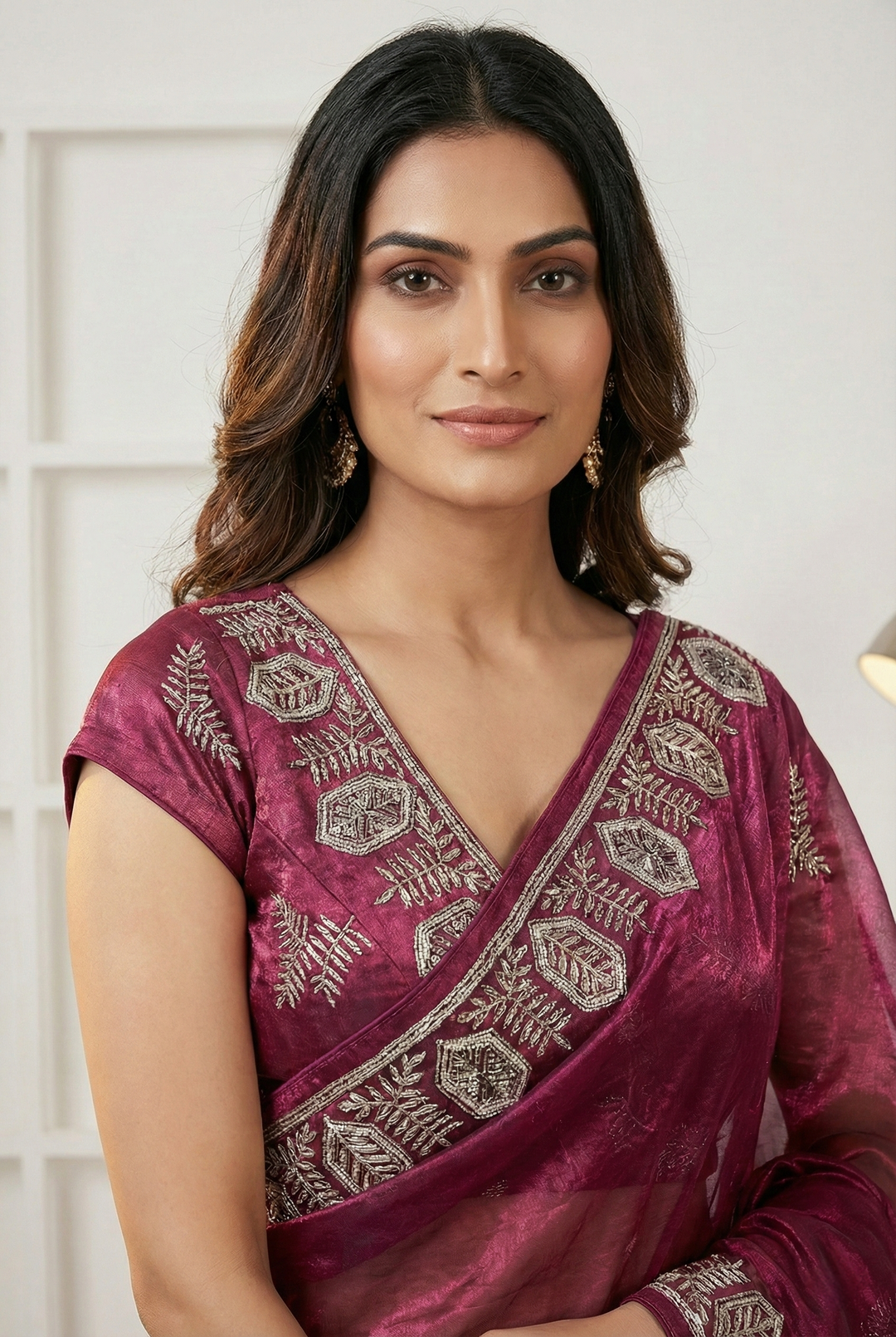Neerus Maroon organza embroidered saree - side view