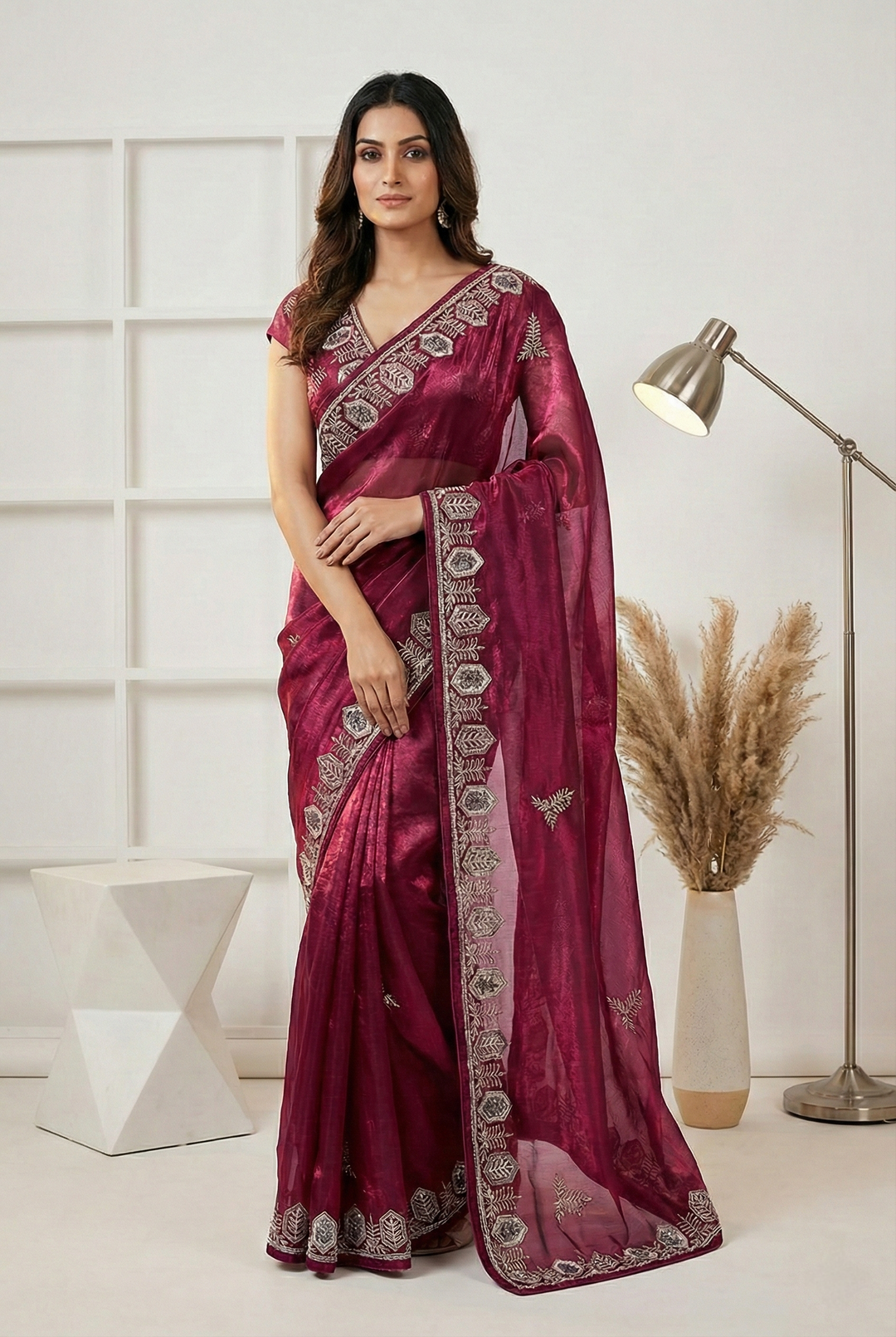 Neerus Maroon organza embroidered saree - front view