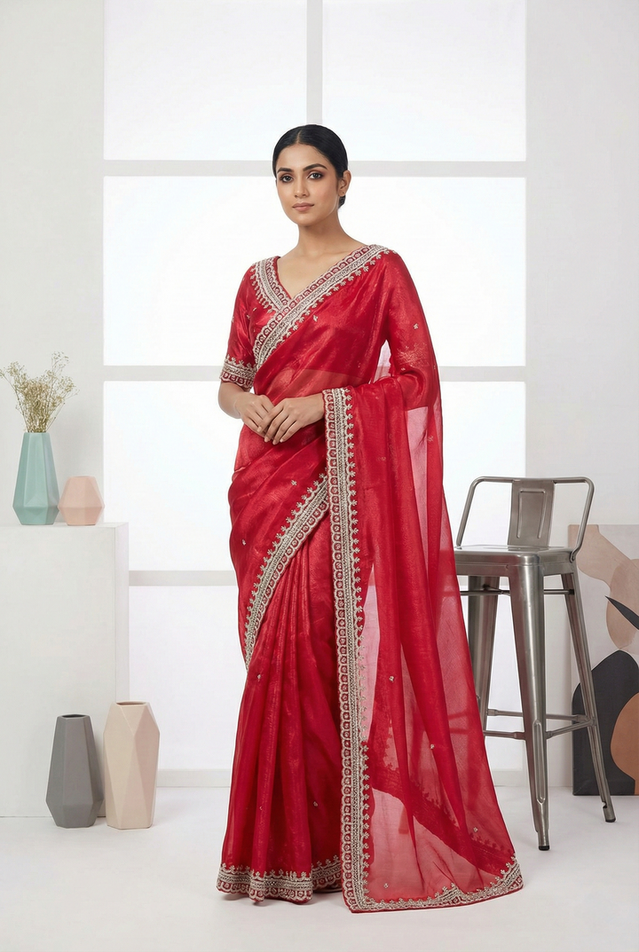 Rani Pink Jimmy Choo Beads Embroidered Organza Saree