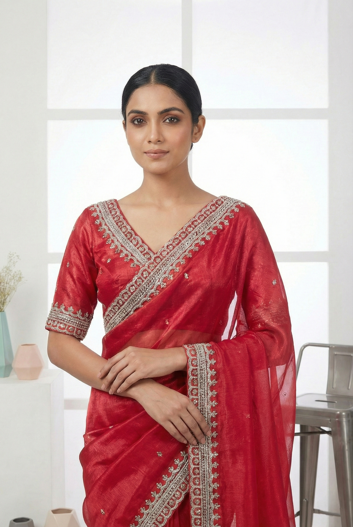 Rani Pink Jimmy Choo Beads Embroidered Organza Saree
