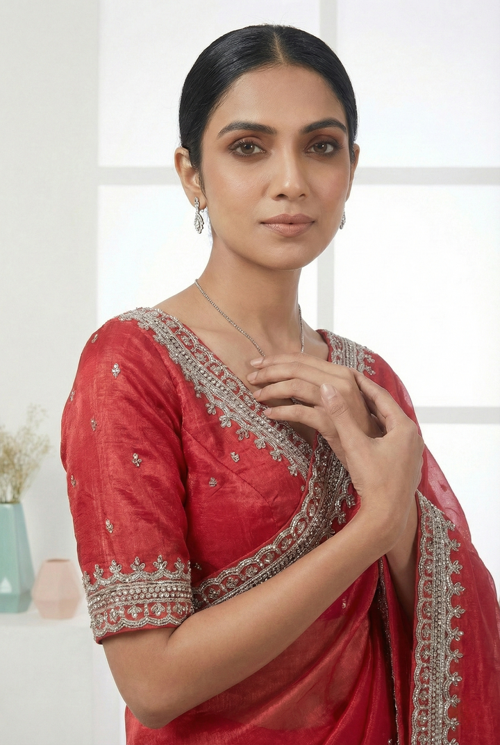 Rani Pink Jimmy Choo Beads Embroidered Organza Saree