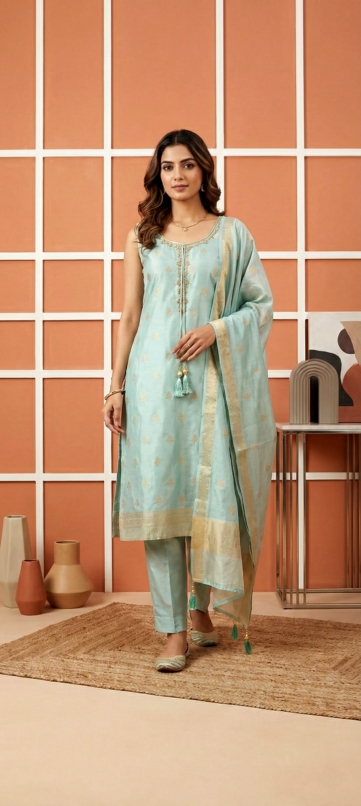 Sea Green Tissue Printed Three Piece Set