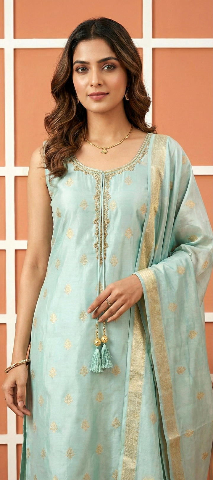 Sea Green Tissue Printed Three Piece Set