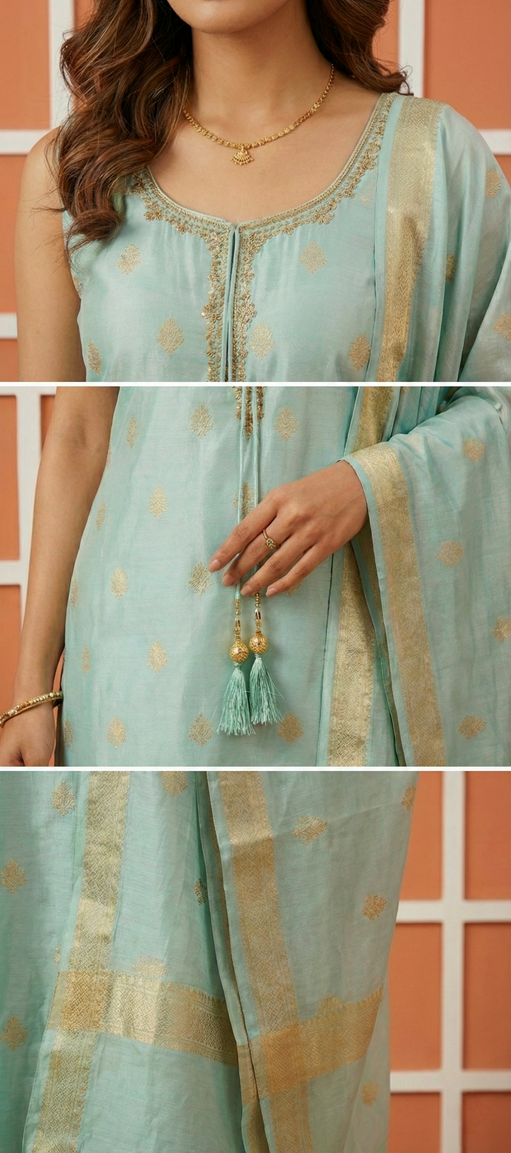 Sea Green Tissue Printed Three Piece Set