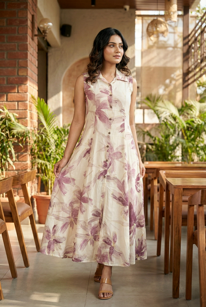 Wine Rayon Printed Long Dress