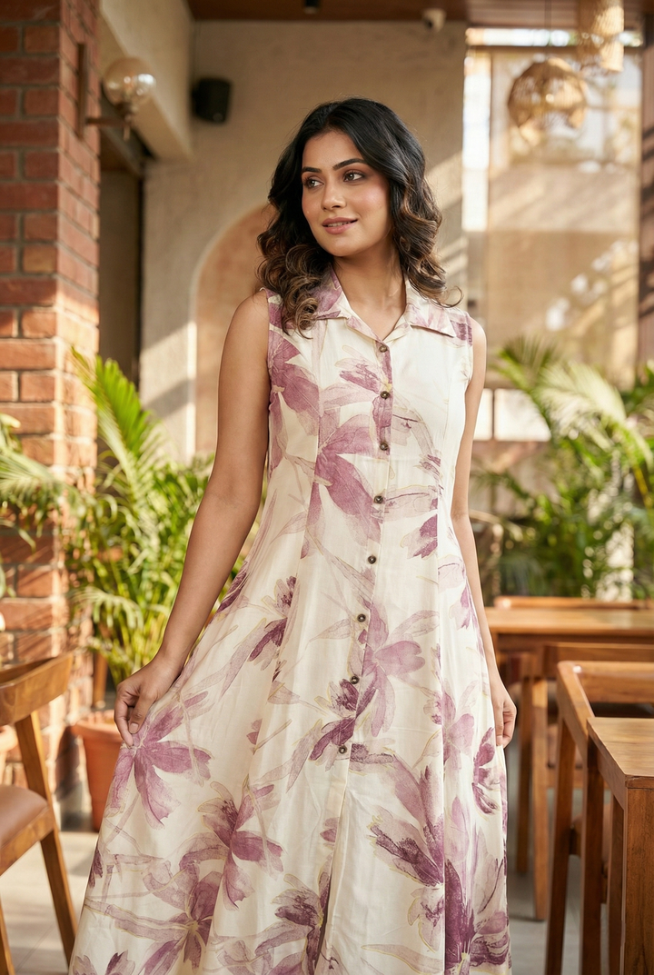 Wine Rayon Printed Long Dress