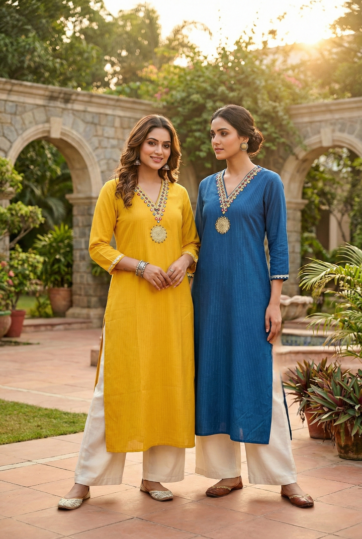 Mustard Rayon Hand Embroidery Kurta