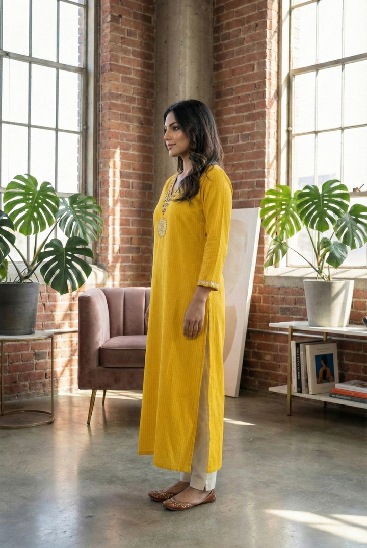 Mustard Rayon Hand Embroidery Kurta